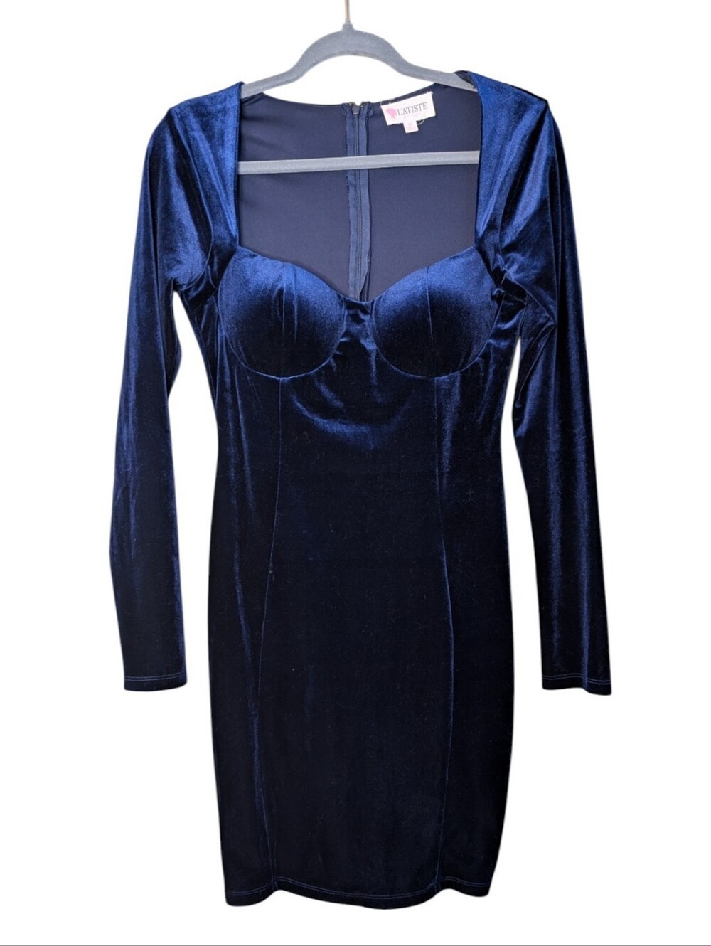 L'ATISTE Navy Blue Velvet Sweetheart Long Sleeve Bodycon Mini Dress Size Medium